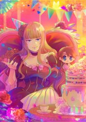  artist_name azumi-kun beatrice_(umineko) birthday_cake black_dress blonde_hair blue_eyes breasts cake character_doll closed_mouth commentary commission cup dessert doll dress english_commentary female food hair_down hat indoors lambdadelta large_breasts looking_at_viewer party_hat plate sidelocks sitting smile solo streamers teacup umineko_no_naku_koro_ni ushiromiya_battler watermark 