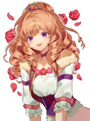  :d aeri_(aerikatsu) aikatsu! aikatsu!_(series) brown_hair choker corset drill_hair female floral_background flower frilled_sleeves frills hair_flower hair_ornament hashtag-only_commentary highres himesato_maria long_hair looking_at_viewer open_mouth petals pink_flower purple_eyes red_flower red_rose rose rose_petals smile solo upper_body white_background 