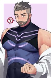  ? clothed coat_on_shoulders embarrassed erect_nipples flustered male_only muscles muscular muscular_male no_natto pokemon pokemon_sv professor_turo 