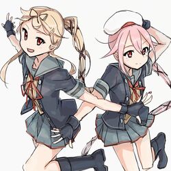  2girls bad_id bad_twitter_id beret black_footwear black_gloves black_jacket blonde_hair commentary_request cosplay cowboy_shot gloves grey_sailor_collar grey_skirt hair_flaps hair_ribbon hand_on_headwear harusame_(kancolle) hat hat_tug holding jacket kantai_collection long_hair mikiki multiple_girls neck_ribbon outstretched_arms partially_fingerless_gloves pink_hair ponytail red_ribbon ribbon sailor_collar school_uniform serafuku simple_background skirt standing standing_on_one_leg very_long_hair white_background white_hat yura_(kancolle) yura_(kancolle)_(cosplay) yura_kai_ni_(kancolle) yuudachi_(kancolle) yuudachi_kai_ni_(kancolle) 