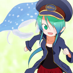  :d black_shirt blue_hair clenched_hands coat collarbone commentary_request female gradient green_eyes green_hair hair_over_one_eye hat keifuku-san keifuku_(tatsuki) long_hair long_sleeves looking_at_viewer manta_ray multicolored_hair open_mouth peaked_cap photoshop_(medium) ponytail red_skirt sat-c shirt skirt smile solo two-tone_hair v-shaped_eyebrows 