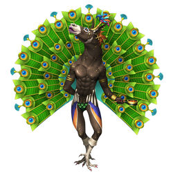  abs adramelech arm_behind_back bird bird_legs claws commentary doi_masayuki earrings feathers highres horse_head jewelry lipstick makeup nail_polish no_humans official_art peacock red_eyes shin_megami_tensei shin_megami_tensei_iv shin_megami_tensei_iv_final solo standing 