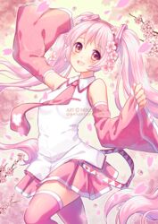  :d armpits arms_up bare_shoulders blush breasts cherry_blossoms collared_shirt commentary_request cowboy_shot female flower hair_between_eyes hair_flower hair_ornament hairband hatsune_miku long_hair long_sleeves looking_at_viewer necktie neko-rina open_mouth petals pink_eyes pink_hair pink_skirt pink_theme pink_thighhighs pocket sakura_miku shirt skirt small_breasts smile solo thighhighs twintails vocaloid white_shirt 