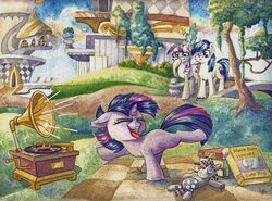  2016 book canterlot dancing detailed_background doll equid equine female feral friendship_is_magic gramophone group hasbro horn male mammal my_little_pony mythological_creature mythological_equine mythology outside plushie record_player shining_armor_(mlp) smartypants_(mlp) the-wizard-of-art traditional_media_(artwork) twilight_sparkle_(mlp) twilight_velvet_(mlp) unicorn young 