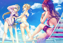  3girls :o ;d ahoge arm_up artoria_pendragon_(fate) artoria_pendragon_(swimsuit_archer)_(fate) artoria_pendragon_(swimsuit_archer)_(first_ascension)_(fate) ass bare_back bare_shoulders beach bikini blonde_hair blue_bow blue_eyes blue_ribbon blue_sky bow braid breasts bridal_garter chair cloud cloudy_sky commentary_request day excalibur_(fate/stay_night) fate/apocrypha fate/grand_order fate_(series) hair_ribbon hairbow halterneck headpiece hood hoodie jeanne_d&#039;arc_(fate) jeanne_d&#039;arc_(white_cruising)_(fate) kneepits large_breasts long_hair looking_to_the_side lounge_chair multiple_girls navel one_eye_closed open_mouth outdoors photoshop_(medium) planted planted_sword purple_bikini purple_eyes purple_hair ribbon saijou_haruki scathach_(fate) scathach_(swimsuit_assassin)_(fate) sidelocks single_braid sitting sky smile standing swimsuit sword teeth thighs water_drop weapon white_bikini 