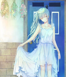  bad_id bad_pixiv_id closed_mouth collarbone commentary_request day dress female frilled_dress frills green_hair half-closed_eyes highres light_smile long_hair looking_at_viewer one_side_up original outdoors photoshop_(medium) saijou_haruki skirt_hold smile solo standing wavy_hair white_dress yellow_eyes 