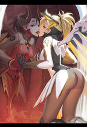  2girls against_glass arch armor armored_boots ass back black_eyes black_gloves black_hair blonde_hair blue_eyes boots breasts brown_legwear commentary dark_persona devil_mercy diamond_(shape) different_reflection dual_persona eyelashes facial_mark finger_touching forehead_mark from_side gem gloves hair_tie halo high_collar horns knee_boots letterboxed light_particles long_sleeves looking_at_viewer mechanical_halo mechanical_wings medium_breasts mercy_(overwatch) mirror multiple_girls official_alternate_costume overwatch overwatch_1 pantyhose parted_lips ponytail red_gloves red_lips reflection selfcest smile streamingsun wings yellow_wings yuri 