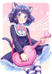  :d animal_ears aqua_eyes bell blue_eyes blue_hair blush bow cat_ears cat_girl cat_tail commentary_request cowboy_shot cyan_(show_by_rock!!) dress drill_hair electric_guitar female frills green_eyes guitar hairband instrument lolita_fashion lolita_hairband long_sleeves multicolored_eyes neko-rina oerba_yun_fang open_mouth plectrum short_hair show_by_rock!! smile solo tail thighhighs 