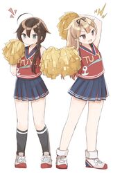  2girls ahoge alternate_costume anchor_symbol arm_up bad_id bad_twitter_id black_hair black_ribbon black_socks blonde_hair blue_eyes braid brown_eyes cheerleader commentary_request hair_between_eyes hair_flaps hair_ornament hair_over_shoulder hair_ribbon highres kantai_collection long_hair miniskirt multiple_girls murakami_meishi pleated_skirt pom_pom_(cheerleading) ribbon shigure_(kancolle) shigure_kai_ni_(kancolle) shoes simple_background single_braid skirt socks white_background yuudachi_(kancolle) yuudachi_kai_ni_(kancolle) 