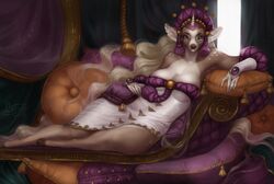  absurd_res anthro breasts deer female fur hair headdress hi_res looking_at_viewer makeup mammal mascara pillow solo thescarletartist wide_hips 