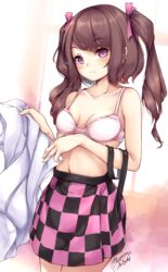  artist_name bad_id bad_pixiv_id bare_arms blush bra breasts brown_hair checkered_clothes checkered_skirt cleavage collarbone cowboy_shot female hair_ribbon highres himekaidou_hatate long_hair looking_at_viewer maremay0513 no_shirt pink_bra pink_skirt purple_eyes ribbon shirt signature skirt small_breasts solo touhou twintails underwear unworn_shirt white_shirt 