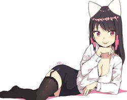  animal_ears artist_name bad_id bad_twitter_id black_legwear black_skirt blush breasts brown_hair buttons cat_ears cleavage cloba collarbone commentary english_commentary fake_animal_ears female full_body garter_straps highres inactive_account legs long_hair long_sleeves looking_at_viewer lying on_side original pencil_skirt pink_eyes pink_hair player_2_(cloba) shirt simple_background skirt strap_gap teacher thighhighs tongue tongue_out white_background white_shirt 