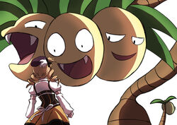  alolan_exeggutor beret blonde_hair commentary_request detached_sleeves drill_hair fangs female from_behind hadant hat mahou_shoujo_madoka_magica mahou_shoujo_madoka_magica_(anime) mami_mogu_mogu parody photoshop_(medium) pokemon pokemon_(creature) pokemon_sm smirk tomoe_mami tomoe_mami_(magical_girl) 