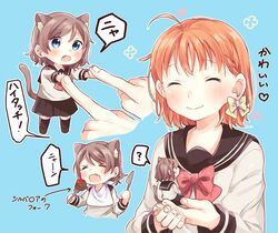  &gt;_&lt; 2girls ahoge animal_ear_fluff animal_ears bad_id bad_twitter_id bib black_socks blue_background blue_eyes blush bow bowtie braid cat_ears cat_tail chibi commentary double_high_five eating fork grey_hair hairbow high_five highres kemonomimi_mode knife love_live! love_live!_sunshine!! makura_(makura0128) mini_person minigirl multiple_girls multiple_views oerba_yun_fang open_mouth orange_hair outline partially_translated red_bow red_bowtie school_uniform serafuku side_braid smile socks tail takami_chika translation_request uranohoshi_school_uniform watanabe_you white_outline yellow_bow 