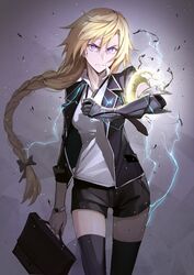  alternate_costume angry bag bangs black_bow black_ribbon black_shorts blazer blonde_hair bow braid briefcase closed_mouth cowboy_shot electricity fate/apocrypha fate_(series) floating_hair gauntlets hair_ribbon hairbow holding holding_bag jacket jeanne_d&#039;arc_(fate) jeanne_d&#039;arc_(fate)_(all) long_hair looking_at_viewer open_blazer open_clothes open_jacket popped_collar purple_eyes ribbon scowl serious shijiu_(adamhutt) shirt short_shorts shorts single_braid single_gauntlet solo thighhighs tress_ribbon tsurime very_long_hair watch white_shirt wristwatch 