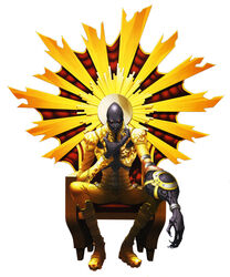  bald black_skin claws colored_skin commentary doi_masayuki evil_grin evil_smile glowing glowing_eyes gold grin highres lucifer_(megami_tensei) official_art red_eyes shin_megami_tensei shin_megami_tensei_iv shin_megami_tensei_iv_final sitting smile solo sunburst throne 