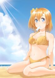  beach bikini blue_eyes cloud commentary_request da-mii day female food kosaka_honoka light_rays love_live! love_live!_school_idol_project mouth_hold one_side_up orange_hair popsicle short_hair sitting solo sunbeam sunlight swimsuit wariza 