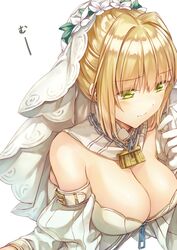  3: absurdres blonde_hair blush breasts chains cleavage closed_mouth commentary_request detached_sleeves fate/extra fate/extra_ccc fate/grand_order fate_(series) female gloves green_eyes hair_intakes hand_up highres large_breasts leotard lock nero_claudius_(bride)_(fate) nero_claudius_(bride)_(second_ascension)_(fate) nero_claudius_(fate) saijou_haruki sidelocks simple_background solo upper_body veil white_background white_gloves white_leotard white_sleeves zipper 