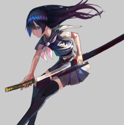  black_hair black_thighhighs blue_eyes commentary_request female fuchi_(hilt) habaki highres holding holding_sword holding_weapon katana long_hair original pleated_skirt sageo saya_(scabbard) school_uniform serafuku sheath skirt solo sword thighhighs tsuba_(guard) tsuka-ito tsuka_(handle) ukimesato unsheathing weapon 