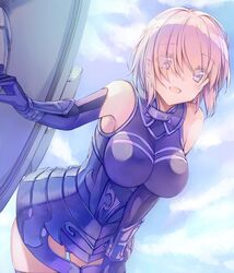  :d armor armored_dress breasts commentary_request cowboy_shot elbow_gloves fate/grand_order fate_(series) female gloves hair_over_one_eye highres holding holding_shield impossible_clothes large_breasts leaning_forward light_purple_hair looking_at_viewer lord_camelot_(fate) mash_kyrielight open_mouth pink_hair purple_eyes purple_gloves purple_thighhighs saijou_haruki shield short_hair smile solo tareme thighhighs thighs 