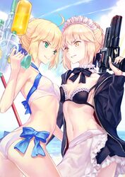  &gt;:) 2girls :d ahoge apron arched_back artoria_pendragon_(alter_swimsuit_rider)_(fate) artoria_pendragon_(alter_swimsuit_rider)_(second_ascension)_(fate) artoria_pendragon_(fate) artoria_pendragon_(swimsuit_archer)_(fate) artoria_pendragon_(swimsuit_archer)_(first_ascension)_(fate) ass bare_arms bare_shoulders bikini bikini_top_only black_bow black_bowtie black_jacket black_skirt blonde_hair blue_bow blue_sky bow bowtie breast_press breasts choker closed_mouth cloud commentary_request contrail cowboy_shot day elbow_gloves eye_contact fate/grand_order fate_(series) frilled_bikini frilled_choker frills gloves green_eyes gun halterneck handgun highres hisakata_souji holding holding_gun holding_water_gun holding_weapon jacket long_sleeves looking_at_another maid maid_bikini maid_headdress medium_breasts multiple_girls navel off_shoulder open_clothes open_jacket open_mouth outdoors parted_lips petticoat ribbon_trim short_hair skirt sky smile standing stomach swimsuit symmetrical_docking tsurime unconventional_maid v-shaped_eyebrows waist_apron water_gun weapon white_apron white_bikini yellow_eyes 