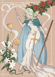  alternate_costume art_nouveau blonde_hair blue_footwear cape closed_eyes commentary cup diana_cavendish dress flower full_body high_heels highres light_green_hair little_witch_academia long_dress long_hair magic off_shoulder pentacle pentagram red_flower red_rose rose sanriyueguyun shoes signature solo staff sword wand weapon white_dress 