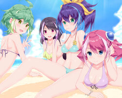  4girls :d ahoge aqua_eyes arm_support bikini blue_eyes blue_hair blue_sky blush bow bracelet bracelet_girls breasts calcio cleavage cloud collarbone commentary_request cup day disposable_cup drinking drinking_straw earrings eyebrows frilled_bikini frills front-tie_bikini_top front-tie_top green_eyes green_hair hair_between_eyes hair_ornament hair_ribbon hairbow halterneck hand_in_own_hair hand_on_own_head highres hiiragi_yuzu holding holding_cup jewelry knee_up kurosaki_ruri long_hair looking_at_viewer lying medium_breasts mouth_hold multicolored_hair multiple_girls navel ocean on_stomach open_mouth outdoors pink_eyes pink_hair ponytail purple_bikini purple_hair quadruplets ribbon rin_(yu-gi-oh!) sand serena_(yu-gi-oh!) siblings sisters sitting sky smile stomach strap_gap streaked_hair string_bikini summer sunlight swimsuit two-tone_hair underboob yellow_bikini yu-gi-oh! yu-gi-oh!_arc-v 