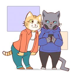  1:1 2018 :&lt; :3 anthro arms_bent blue_eyes blush closed_frown clothed clothing dangling_arms domestic_cat duo electronics extended_arms felid feline felis frown hands_together headphones holding_object holding_phone hoodie kuehiko_roshihara leaning leaning_forward looking_aside looking_at_another male mammal markings mouth_closed multicolored_tail owo phone reisho simple_background standing straight_legs striped_markings striped_tail stripes tail tail_markings tapio_chatarozawa topwear whiskers white_background wishbone_mouth working_buddies! yellow_eyes 