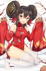  absurdres animal bare_shoulders black_hair blush boar bow bowl branch china_dress chinese_clothes commentary_request covered_navel detached_sleeves double_bun dress female flower frilled_sleeves frills ginn_(hzh770121) girls&#039;_frontline hair_between_eyes hair_bun hair_intakes hair_ribbon highres holding holding_animal looking_at_viewer no_panties no_shoes official_alternate_costume open_mouth pelvic_curtain red_dress red_ribbon ribbon side_slit sidelocks sleeves_past_fingers sleeves_past_wrists solo squatting thighhighs thighs tight_clothes type_97_(girls&#039;_frontline) type_97_(peony)_(girls&#039;_frontline) white_bow white_thighhighs yellow_eyes 