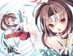  2girls :o aircraft airplane blonde_hair bow_(weapon) brown_eyes brown_hair commentary_request egusa_squadron_pilot_(kancolle) eyebrows_visible_through_headband fairy_(kancolle) hachimaki headband highres kantai_collection long_hair long_sleeves multiple_girls multiple_views oerba_yun_fang puffy_shorts quiver sandals shorts tabi tenmu_shinryuusai type_99_dive_bomber type_99_dive_bomber_(egusa_squadron) v-shaped_eyebrows water weapon white_background white_legwear wide_sleeves zuihou_(kancolle) 