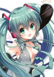  aqua_hair breasts center_opening cleavage collar commentary detached_sleeves female green_eyes green_hair grey_shirt hatsune_miku headset long_hair medium_breasts necktie no_bra open_mouth outstretched_arms shirt sleeveless sleeveless_shirt solo spread_arms suzui_narumi twintails upper_body vocaloid 