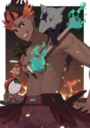  1boy abs alolan_marowak bad_id bad_pixiv_id black_eyes bone border brown_hair buttons collarbone commentary_request dark-skinned_male dark_skin fire green_fire grin jewelry kiawe_(pokemon) looking_at_viewer looking_down male_focus multicolored_hair necklace nipples orange_hair outside_border pectorals poke_ball poke_ball_(basic) pokemon pokemon_(creature) pokemon_sm red_shorts short_hair shorts smile teeth toned toned_male two-tone_hair white_border yaowu 