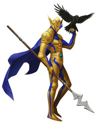  1boy animal armor bird bird_on_hand blue_eyes cape commentary crow doi_masayuki extra_eyes highres male_focus odin_(megami_tensei) official_art polearm shin_megami_tensei shin_megami_tensei_iv shin_megami_tensei_iv_final solo spear spread_wings standing weapon 