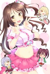  4girls :d ashino blush bow breasts brown_hair chibi chibi_inset commentary_request costume crop_top curly_hair double_w frilled_skirt frills futaba_anzu groin hands_up idol idolmaster idolmaster_cinderella_girls koshimizu_sachiko long_hair looking_at_viewer microskirt midriff multiple_girls navel ogata_chieri one_side_up open_mouth pink_footwear pink_skirt plaid plaid_bow puffy_short_sleeves puffy_sleeves raised_eyebrows shimamura_uzuki short_sleeves skirt smile sparkle stomach very_long_hair w wing_collar yellow_eyes 