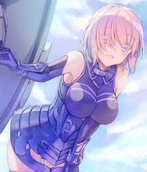  :d armor armored_dress breasts commentary_request cowboy_shot elbow_gloves fate/grand_order fate_(series) female gloves hair_over_one_eye holding holding_shield impossible_clothes large_breasts leaning_forward light_purple_hair looking_at_viewer lord_camelot_(fate) mash_kyrielight open_mouth photoshop_(medium) pink_hair purple_eyes purple_gloves purple_thighhighs saijou_haruki shield short_hair smile solo tareme thighhighs thighs 