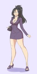  black_hair breasts cleavage clothed clothing eyewear female footwear glasses hair hi_res high_heels human human_only mammal not_furry shoes simple_background smile solo thatweirdguyjosh 