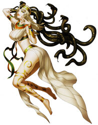  anklet barefoot blonde_hair bracelet breasts cleopatra_(megami_tensei) cobra_(animal) colored_sclera commentary doi_masayuki egyptian egyptian_clothes fangs female gold grin highres jewelry large_breasts long_hair looking_at_viewer midriff nail_polish official_art revealing_clothes ring scales shin_megami_tensei shin_megami_tensei_iv shin_megami_tensei_iv_final smile snake solo uraeus usekh_collar yellow_eyes yellow_sclera 