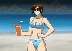  1girls 72zzhousen alluring beach bikini brown_hair female female_only fully_clothed kazama_asuka namco ocean solo sunglasses swimsuit tekken tekken_5_dark_resurrection tekken_7 tekken_tag_tournament_2 tinted_eyewear 