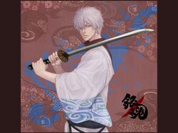  1boy commentary_request from_side frown gintama hair_over_one_eye half-closed_eyes holding holding_sword holding_weapon japanese_clothes katana male_focus photoshop_(medium) red_eyes sakata_gintoki serious solo sword tatsuko_(chenzi) upper_body weapon white_hair 