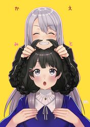  2girls black_eyes black_hair blush braid closed_eyes commentary_request dated grey_hair hair_ornament hairclip higuchi_kaede higuchi_kaede_(2nd_costume) jewelry long_hair looking_up miniru mole mole_under_eye multiple_girls nijisanji pendant puffy_sleeves smile tsukino_mito tsukino_mito_(2nd_costume) twin_braids twitter_username virtual_youtuber yellow_background 