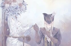  2girls ascot bad_id bad_twitter_id blonde_hair blood bloodborne bound bouquet breasts character_request flower fortisselle gloves hat headless highres lady_maria_of_the_astral_clocktower long_hair looking_down multiple_girls petals tied_to_chair tricorne 