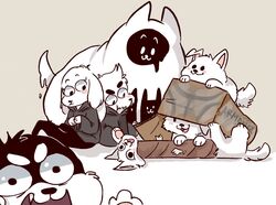  2016 amalgamate annoying_dog_(undertale) anthro black_body black_fur box canid canine canis container dogamy dogaressa doggo_(undertale) domestic_dog endogeny feral fur greater_dog group lesser_dog looking_at_viewer male mammal mudkipful simple_background sitting tube undertale undertale_(series) white_body white_fur 