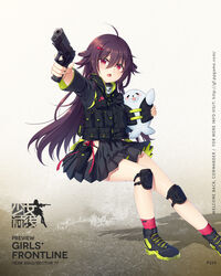  :3 :d ahoge animal bangs black_footwear black_skirt blush character_name copyright_name eyebrows_visible_through_hair finger_on_trigger fish_hair_ornament girls_frontline gun hair_between_eyes hair_flaps hair_ornament hairclip handgun highres hip_vent holding holding_animal holding_gun holding_weapon holster hood hoodie knee_pads load_bearing_vest long_hair long_sleeves looking_at_viewer official_art open_mouth p226_(girls_frontline) philomelalilium pink_legwear pistol pleated_skirt purple_eyes purple_hair seal shadow shoes sig_sauer sig_sauer_p226 skirt smile sneakers socks solo standing tareme weapon 