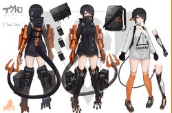  backpack bag baseball_cap black_hair cable cable_tail casual character_name choker commentary_request cyberpunk cyborg eyepatch female full_body gloves hat highres mask mecha_musume mechanical_arms mechanical_legs mechanical_tail mihato_senba mouth_mask multiple_views off_shoulder orange_eyes original over-kneehighs prosthesis reference_sheet scar science_fiction short_hair slit_pupils standing sumi_elias swept_bangs tail thighhighs turnaround variations 