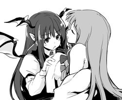  2girls bad_id bad_twitter_id blush bow breasts closed_eyes collared_shirt commentary_request demon_wings greyscale hairbow head_wings juliet_sleeves koakuma large_breasts lefthand long_hair long_sleeves monochrome multiple_girls open_mouth patchouli_knowledge pointy_ears profile puffy_sleeves shirt sideboob sidelocks simple_background touhou towel upper_body white_background wings wiping 