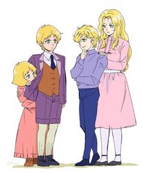  2boys 2girls aged_down annerose_von_grunewald arm_around_shoulder artesia_som_deikun behind_another blonde_hair blue_eyes blue_necktie blue_pants bob_cut brother_and_sister casval_rem_deikun char_aznable crossover dress full_body ginga_eiyuu_densetsu gundam hand_on_own_chin hands_on_another&#039;s_shoulders jacket kou_(19_ggf) lolicon mobile_suit_gundam mobile_suit_gundam_the_origin multiple_boys multiple_girls necktie pants pantyhose peeking_out pink_dress protected_link purple_jacket purple_shorts reinhard_von_lohengramm sayla_mass shorts siblings simple_background stroking_own_chin trait_connection twitter_username waistcoat white_background white_legwear 