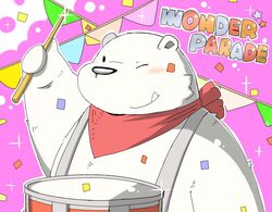  2017 anthro bear blush cute_fangs english_text gayousi7 male mammal one_eye_closed overweight overweight_anthro overweight_male polar_bear simple_background solo text ursine wink wonder_parade 