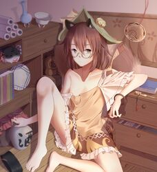  animal_ear_fluff animal_ears asymmetrical_wings bangle bare_shoulders barefoot bell bloomers blue_wings book bow bracelet brown_eyes brown_hair brown_shirt brown_skirt collarbone commentary_request drawer female flat_chest frilled_sleeves frills futatsuiwa_mamizou glasses green_hat hair_between_eyes hat hat_bell hat_bow highres houjuu_nue indoors jar jewelry jingle_bell kiseru knee_up looking_at_viewer miniskirt minuo off_shoulder raccoon_ears raccoon_tail red_bow red_wings round_eyewear scroll shadow shirt short_hair short_sleeves sitting skirt smoking_pipe solo stuffed_animal stuffed_raccoon stuffed_toy sukusuku_hakutaku tail thighs tokkuri touhou translation_request underwear white_bloomers wind_chime wings wooden_floor yellow-framed_eyewear yellow_bow 