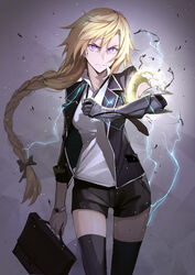  alternate_costume angry bag bangs black_bow black_ribbon black_shorts blazer blonde_hair bow braid briefcase closed_mouth cowboy_shot electricity fate/apocrypha fate_(series) floating_hair gauntlets hair_ribbon hairbow holding holding_bag jacket jeanne_d&#039;arc_(fate) jeanne_d&#039;arc_(fate)_(all) long_hair looking_at_viewer md5_mismatch open_blazer open_clothes open_jacket popped_collar purple_eyes ribbon scowl serious shijiu_(adamhutt) shirt short_shorts shorts single_braid single_gauntlet solo thighhighs tress_ribbon tsurime very_long_hair watch white_shirt wristwatch 