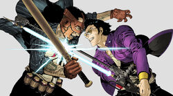  2boys arm_hair baseball_bat battle beer_can black_hair can clash clenched_teeth drink_can duel energy_sword gloves highres jacket kozaki_yuusuke multiple_boys no_more_heroes official_art photoshop_(medium) sunglasses sword tattoo teeth the_bad travis_strikes_back:_no_more_heroes travis_touchdown weapon 